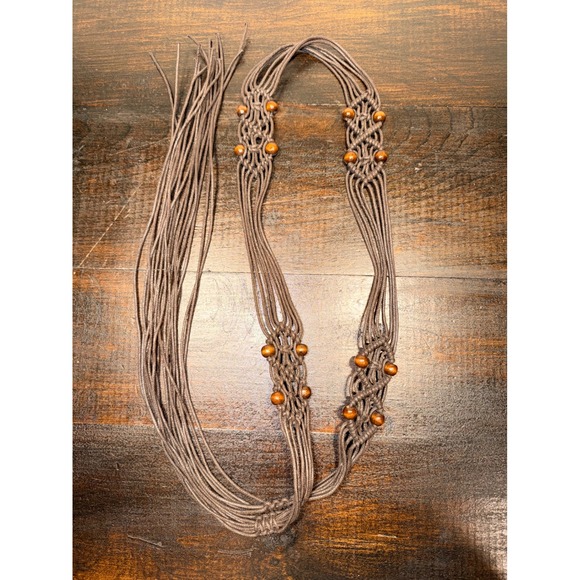 Accessories - Boho Macrame Belt Brown Woven Cord Wood Beads Adjustable Tie String Tie Back